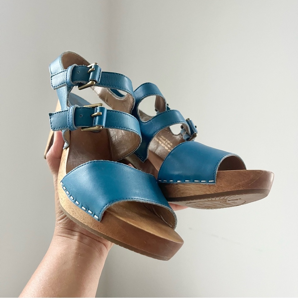 Anthropologie Women's Lucky Penny Leather Wooden Clogs Blue Brown Sz 7 Brazil - Picture 10 of 10